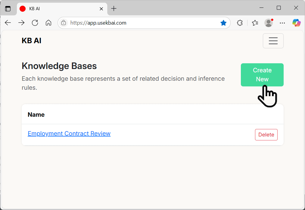 Create new knowledge base in KB AI screenshot